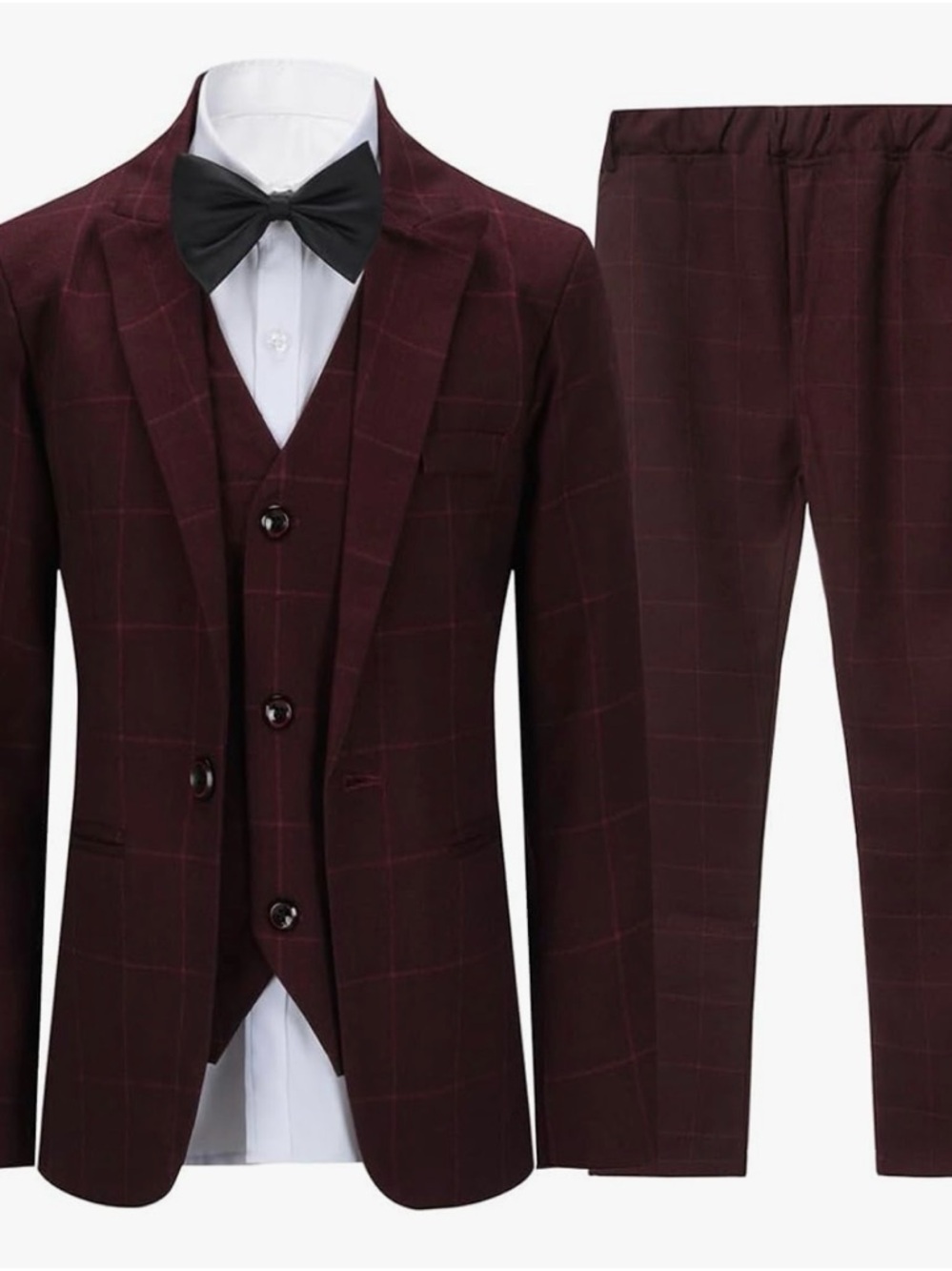 SWOTGdoby Boys Suits 3 Pieces Formal Suit Set Plaid Slim Fit Suit Maroon